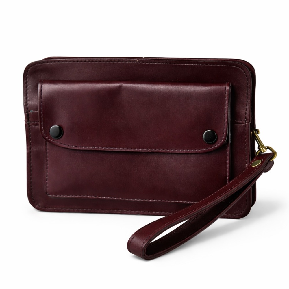 Vintage Leather Wristlet Travel Clutch Burgundy Brown